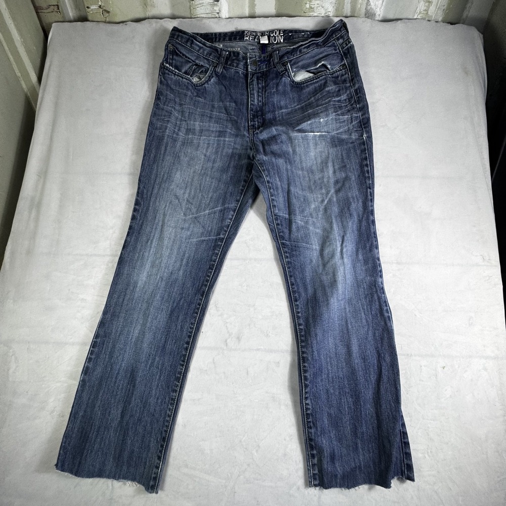 Kenneth Cole Reaction Mens Foshn Straight Jeans Blue Whisker Denim Raw Hem 34x30